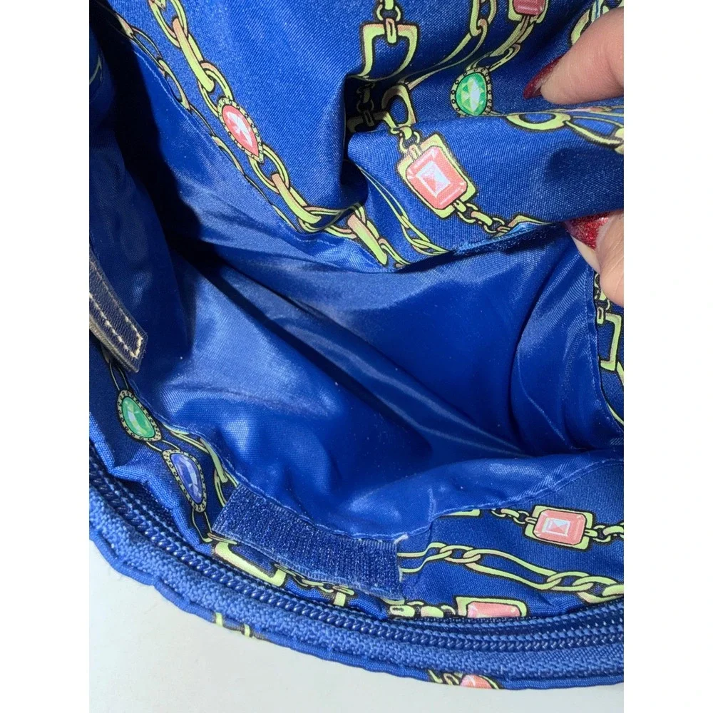 Blue Gemstone and Gold Chain Print Drawstring Pouch Bag with Zipper Pocket